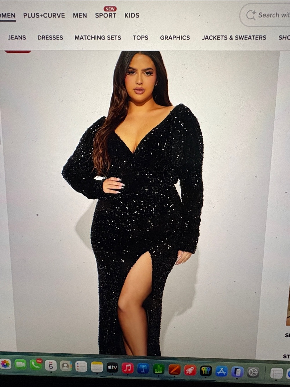 Fashion Nova Black Sequin Long Sleeve V-Wrap Gown with Front Slit